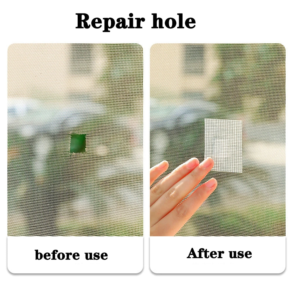 Before and after images showing a self-adhesive window screen repair patch fixing a hole in the mesh.