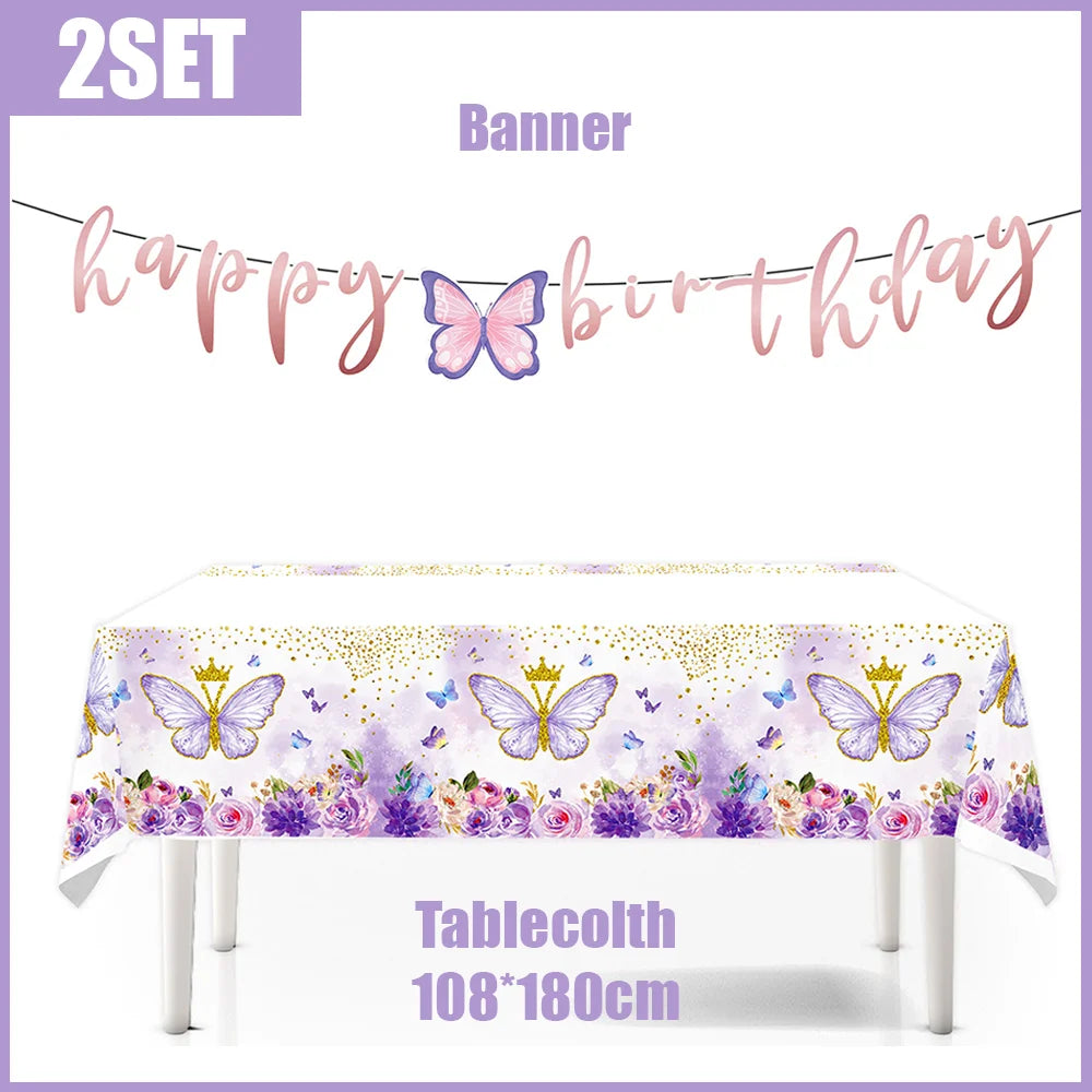 A banner and tablecloth featuring a butterfly theme for a party set
