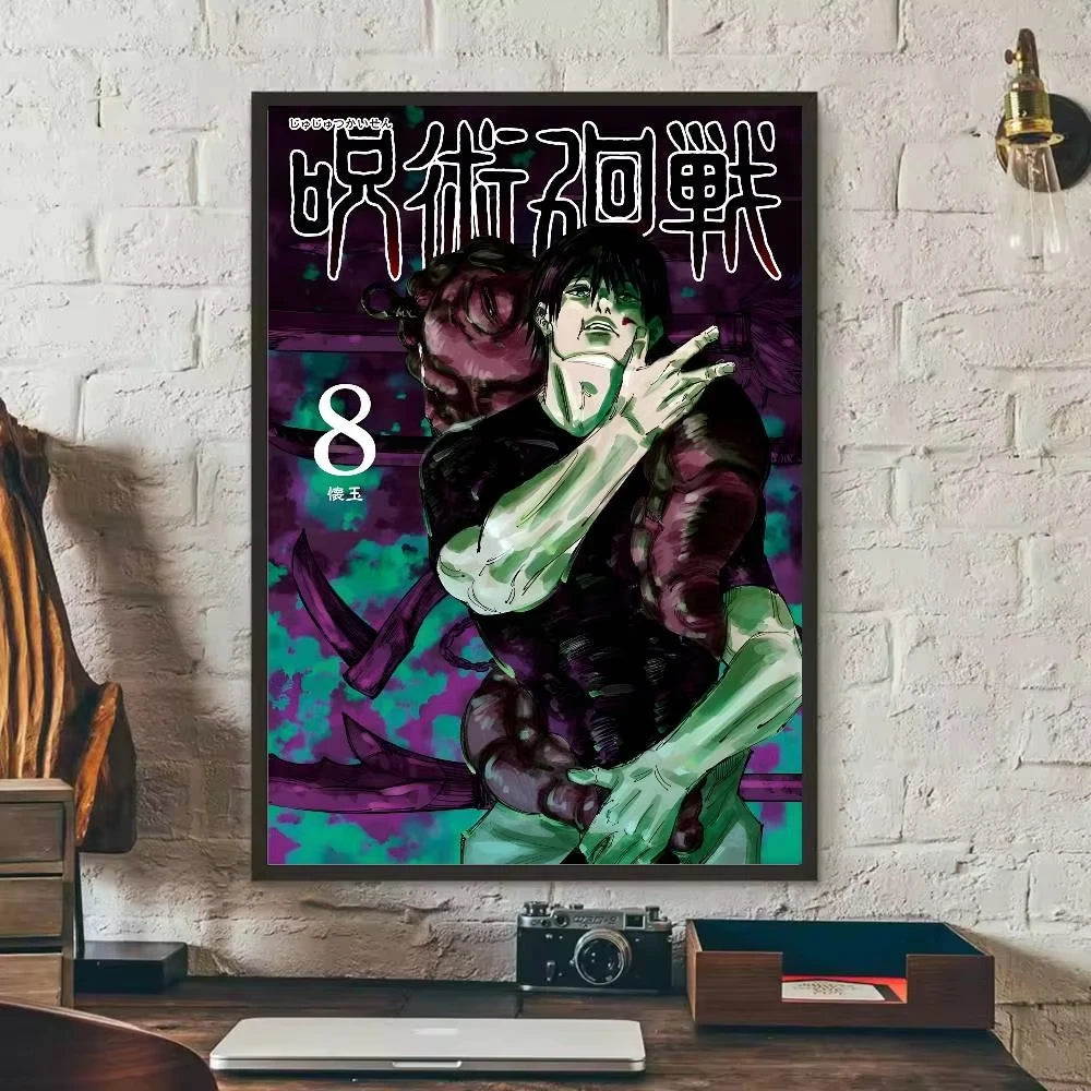 Anime canvas art poster featuring Toji Fushiguro with dark hair and intense expression against a vibrant purple background.