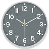 A round gray wall clock face with white numbers and hands showing approximately 1:30.