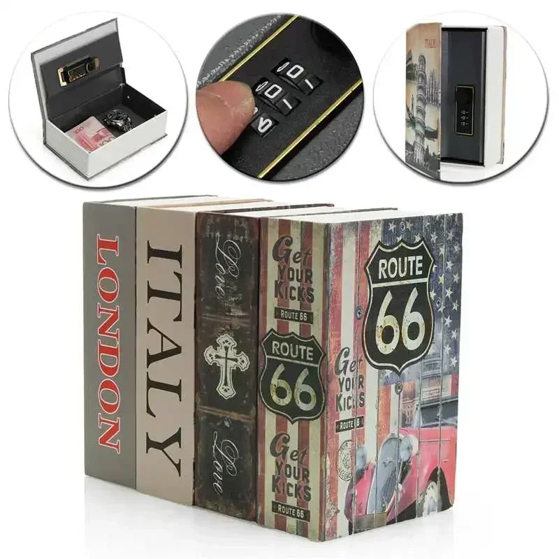A classic book hidden safe with a combination lock shown alongside its components and the assembled product.