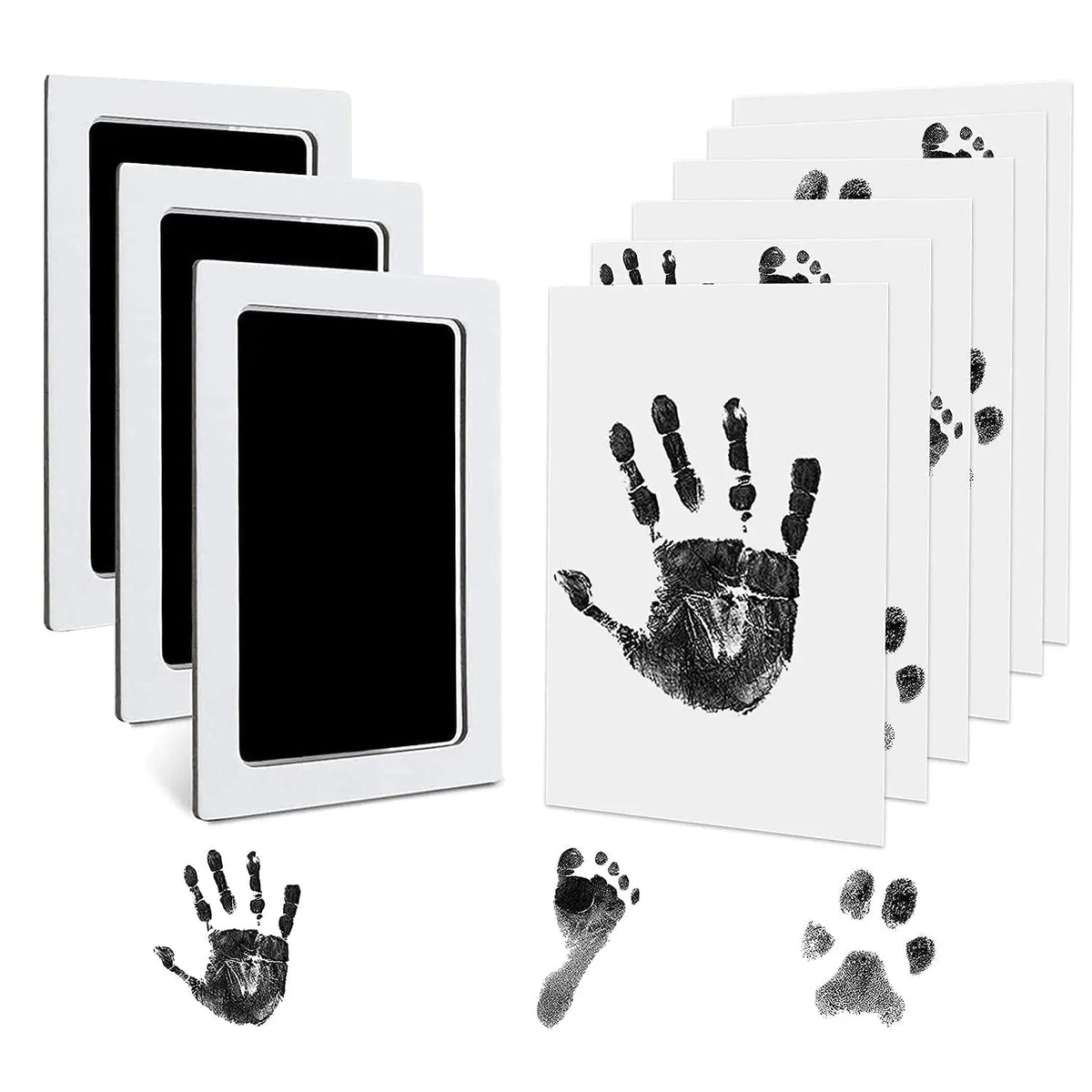 A set of white frames displaying black ink pet paw prints on a white background.