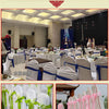 White silk satin ribbon rolls tied with blue ribbons displayed for gift wrapping and craft projects