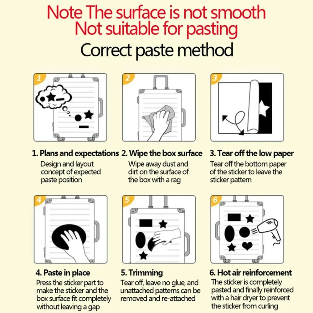 Instructions for applying a bee sticker pack, showing steps for planning, wiping the surface, tearing off paper, trimming, an