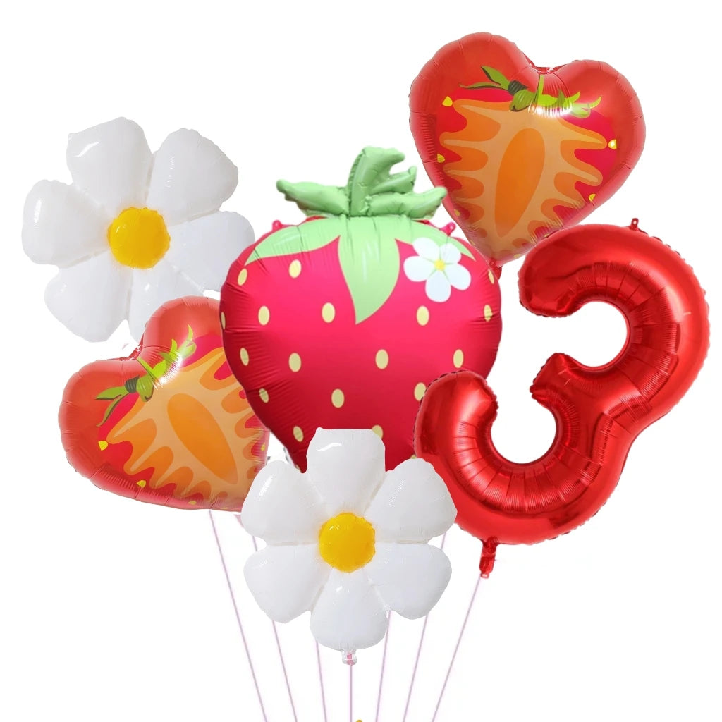 A set of six foil balloons shaped like flowers and strawberries in white, pink, and orange colors.