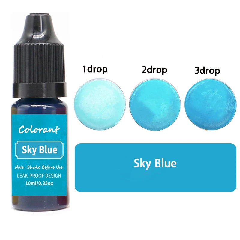 A bottle of Sky Blue liquid colorant with three dropper sizes showing different concentrations.