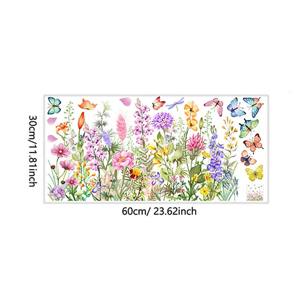 A watercolor illustration of various colorful butterflies and wildflowers on a white background.