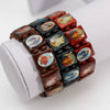A natural wooden rosary bracelet featuring various charms of the Virgin Mary and Jesus.