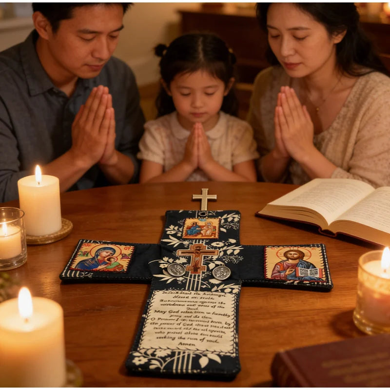 A handcrafted pocket shrine with a cross resting on a wooden table surrounded by family members and an open book.