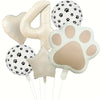 A set of six foil balloons featuring paw prints and the number four in beige and white.