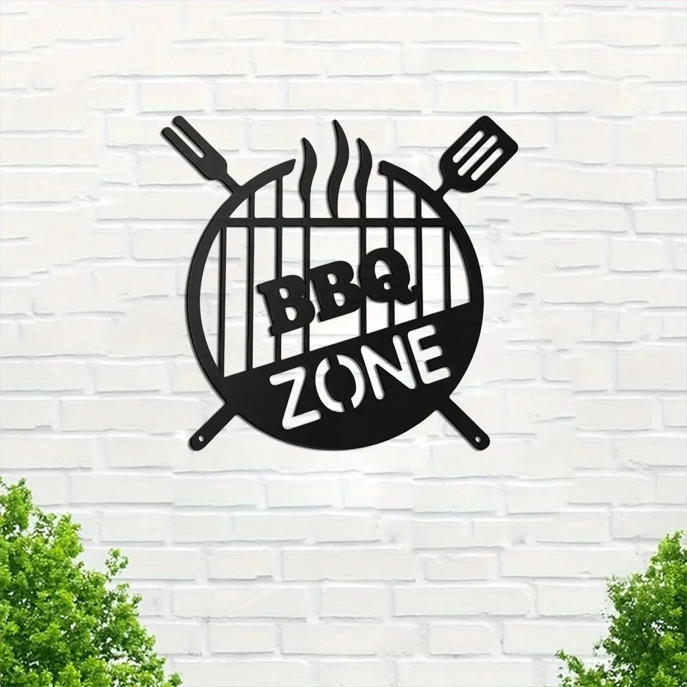 Black retro BBQ zone wall decor featuring a circular grill design with steam lines.