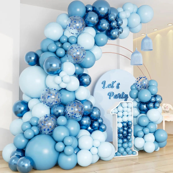 A large blue and silver latex balloon garland decoration featuring various sized balloons and hanging elements.