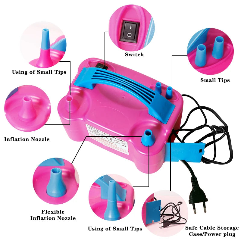Pink electric balloon air pump inflator showing various tips and nozzle components.