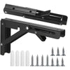 A set of two black heavy-duty foldable wall-mounted shelf brackets and various spike-shaped fasteners are shown.
