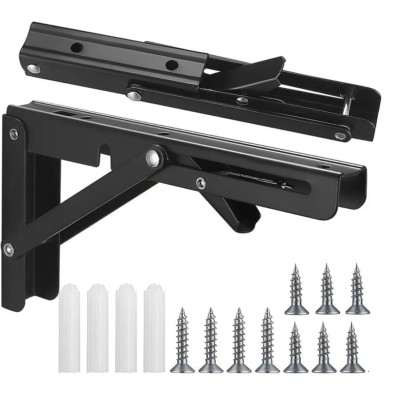 A set of two black heavy-duty foldable wall-mounted shelf brackets and various spike-shaped fasteners are shown.
