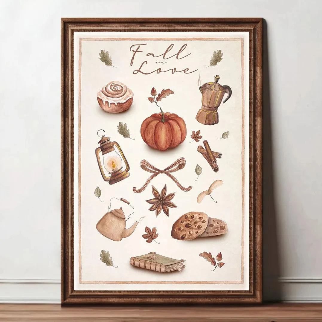 Watercolor art print featuring a pumpkin, spices, and leaves with the text Fall in Love.