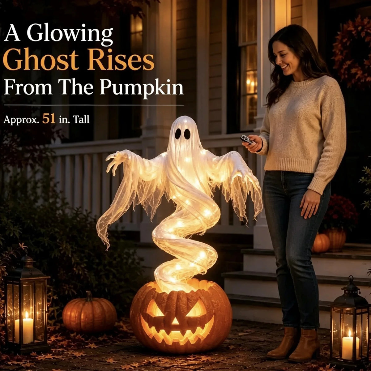A glowing ghost rises from a pumpkin, illuminating an outdoor Halloween scene.