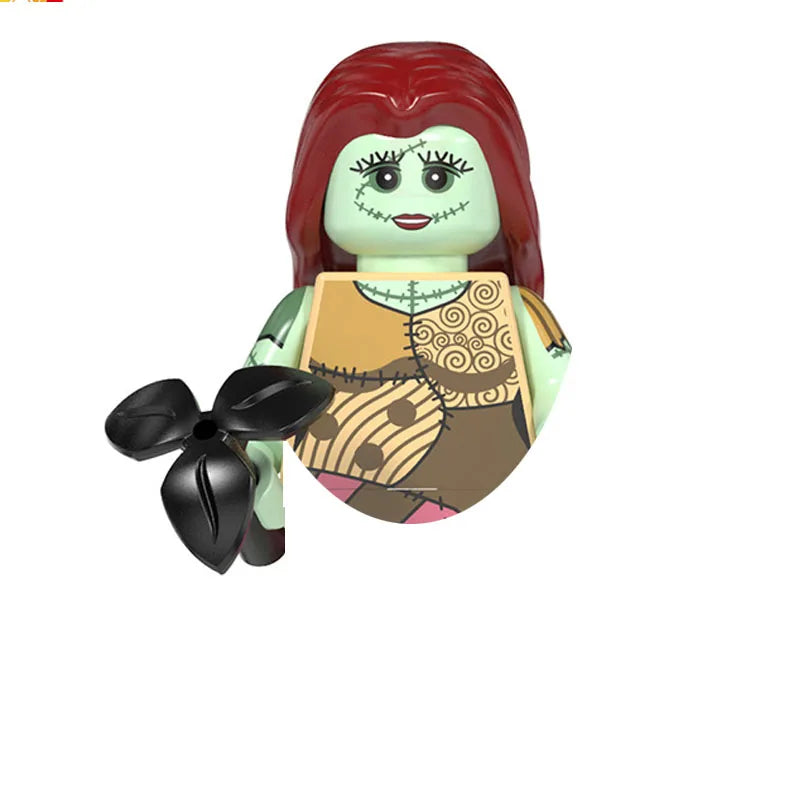 A building block figure of a green-skinned female character with red hair and facial markings.