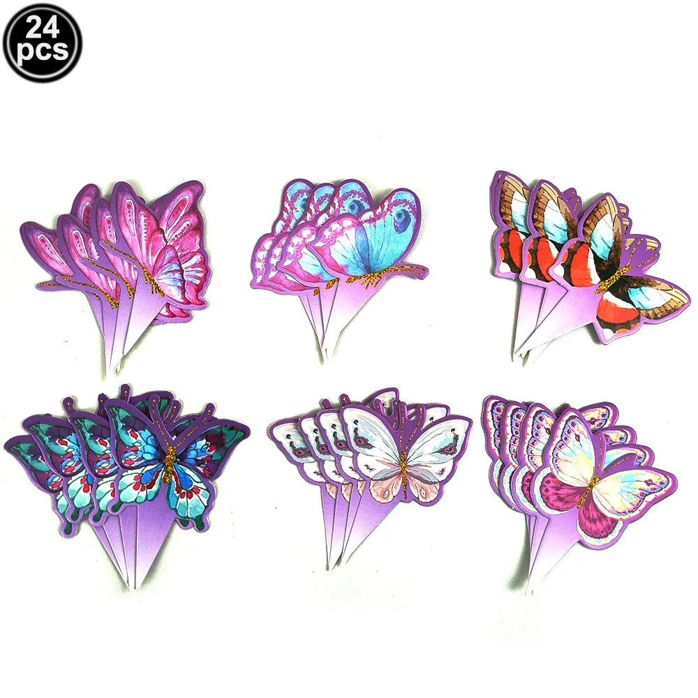 A set of 24 iridescent butterfly cupcake toppers in various shades of purple and pink.