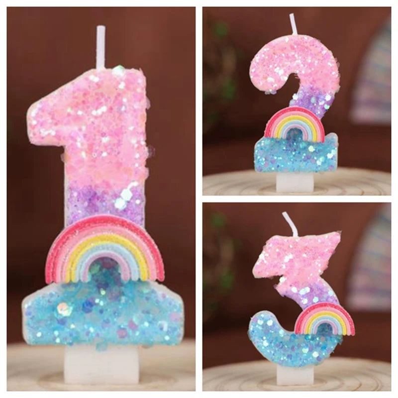 Rainbow sequined number candles shaped like the number one and two for birthday cakes