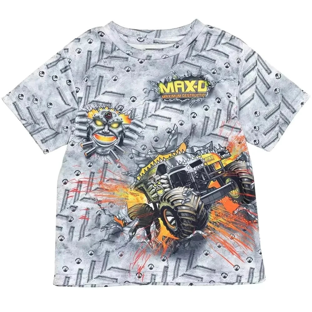 A gray t-shirt featuring a full graphic print of a Monster Jam Grave Digger vehicle and related imagery.