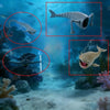 A 3D printed articulated sea monster fidget toy is shown in various views within an underwater scene.