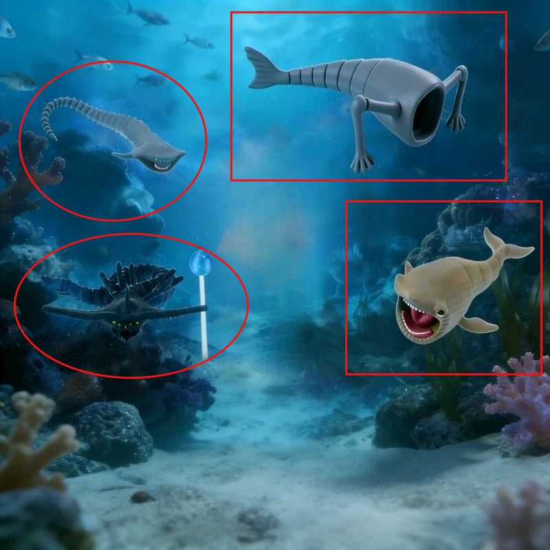 A 3D printed articulated sea monster fidget toy is shown in various views within an underwater scene.