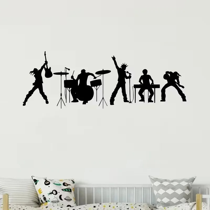 Black silhouette decals of a musical band performing on stage