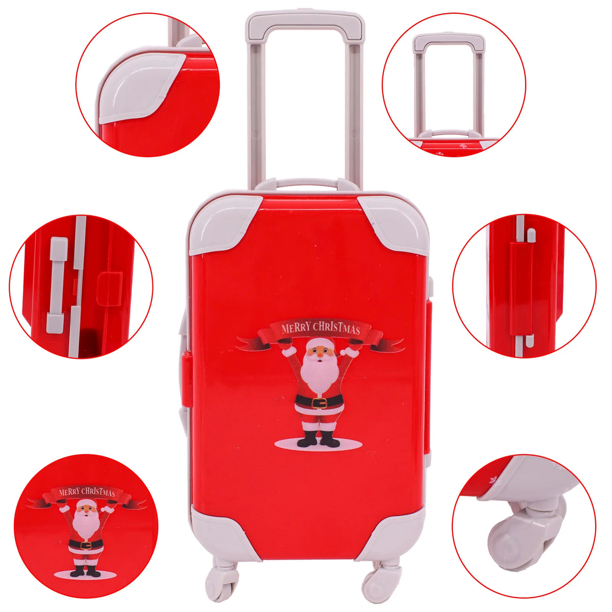 Red suitcase with Christmas theme featuring a Santa Claus design and various accessories.