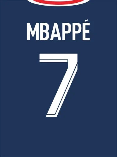 Wall art featuring the name MBAPPÉ and the number 7 in white on a dark blue background.