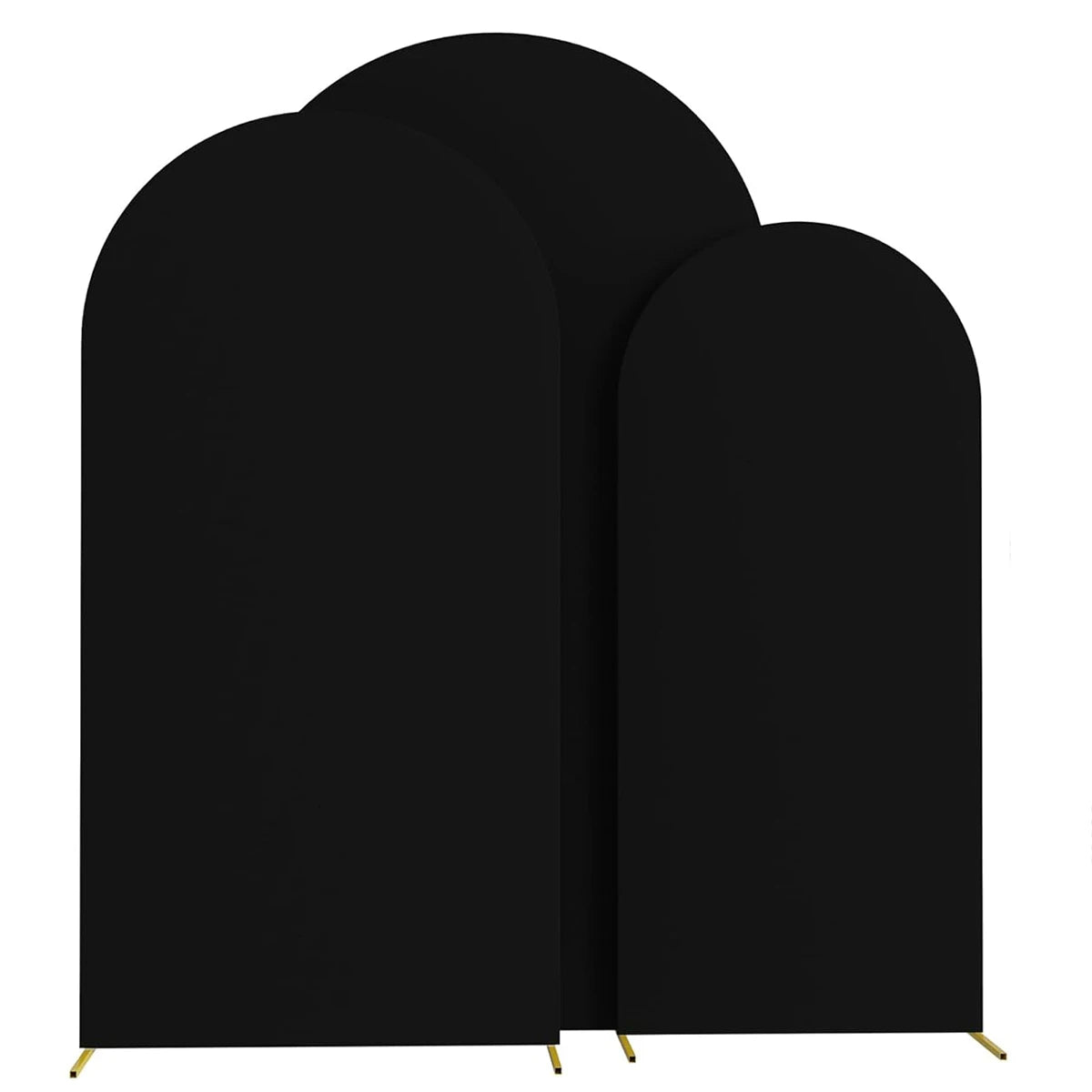A set of three black arch stand backdrops for wedding and event decor.