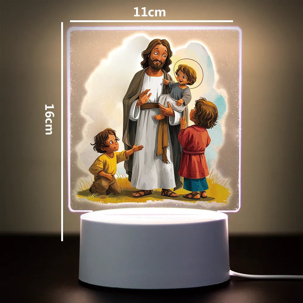 A 3D LED night light featuring a painting of Jesus with a child and another figure.