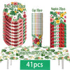 A set of tropical hibiscus tableware including 9 plates, 10 cups, and 20 napkins displayed on a tablecloth.