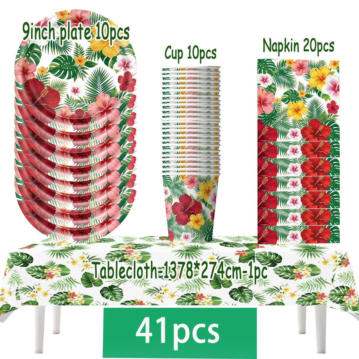 A set of tropical hibiscus tableware including 9 plates, 10 cups, and 20 napkins displayed on a tablecloth.