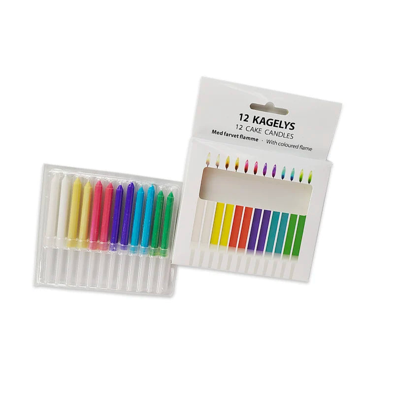 A pack of 12 Kagelys cake candles with a colored flame and various colors.