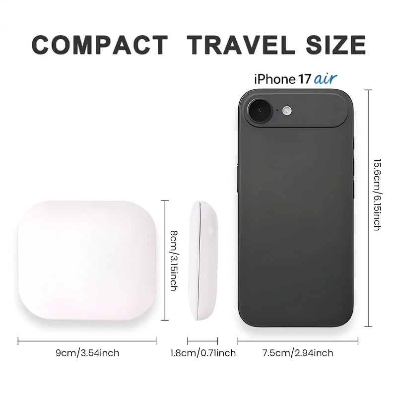 A compact travel size iPhone 17 air vanity mirror shown with its components and dimensions.