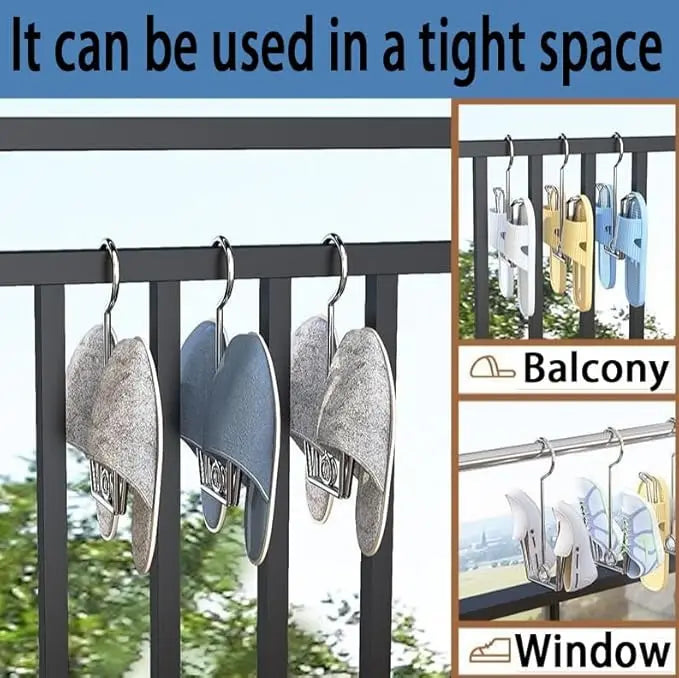 Stainless steel hanging shoe organizer with double hook used for balcony and window storage