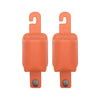 A pair of orange leather car seat back organizers with headrest hangers.