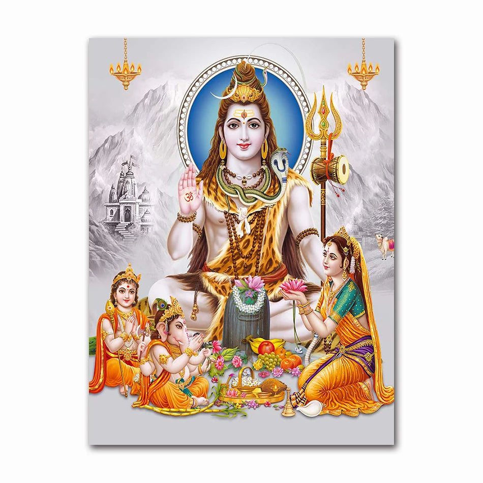 Canvas art print depicting Lord Ganesha with Shiva and Parvati in a divine setting.