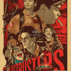 A retro movie poster featuring a group of characters in dramatic lighting and bold red text.