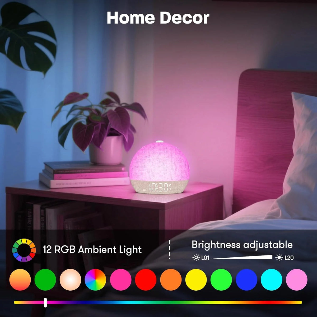A pink ambient light lamp on a wooden nightstand next to a bed, with various light color options displayed below.
