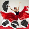 A woman holds a red silk fan while showcasing three black folding hand fans with plastic and nylon-cloth frames.