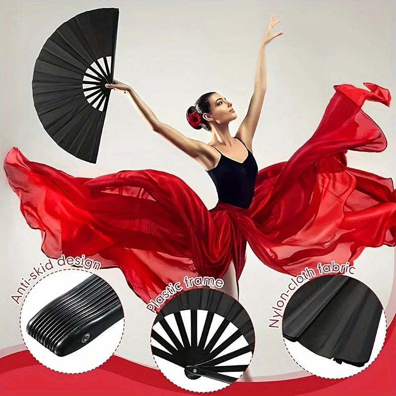 A woman holds a red silk fan while showcasing three black folding hand fans with plastic and nylon-cloth frames.