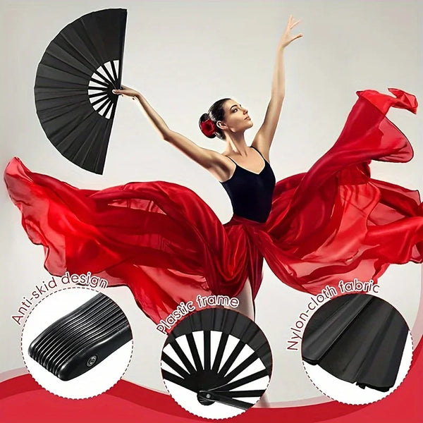 A woman holds a red silk fan while showcasing three black folding hand fans with plastic and nylon-cloth frames.