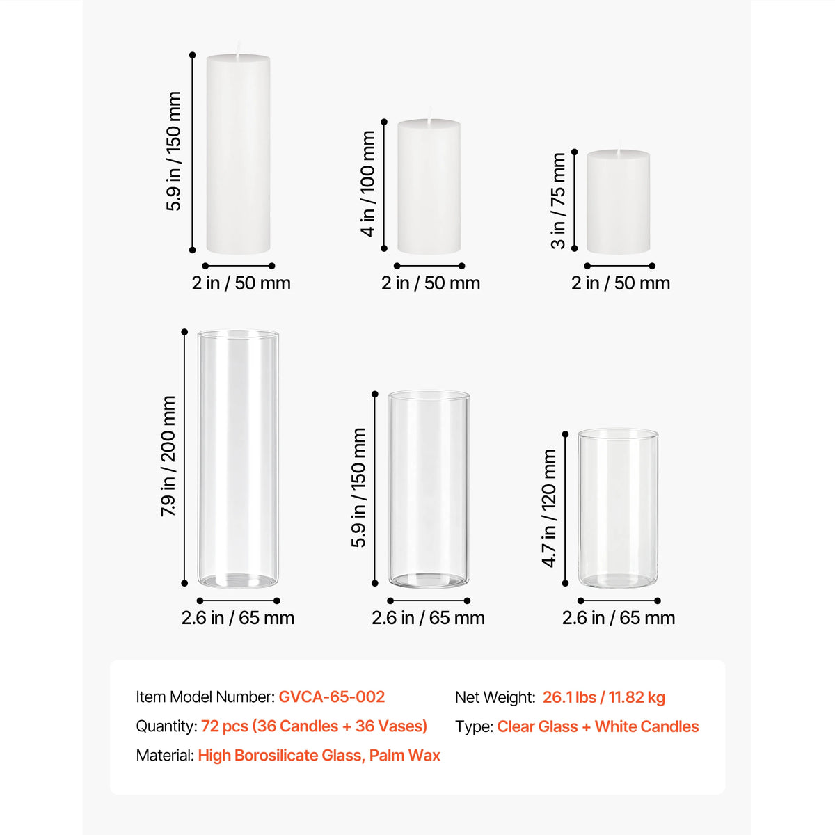 A set of clear glass cylinder vases with white pillar candles for weddings and home décor.