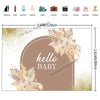 A beige and gold banner featuring a silhouette of a baby and floral elements for a gender reveal or baby shower.