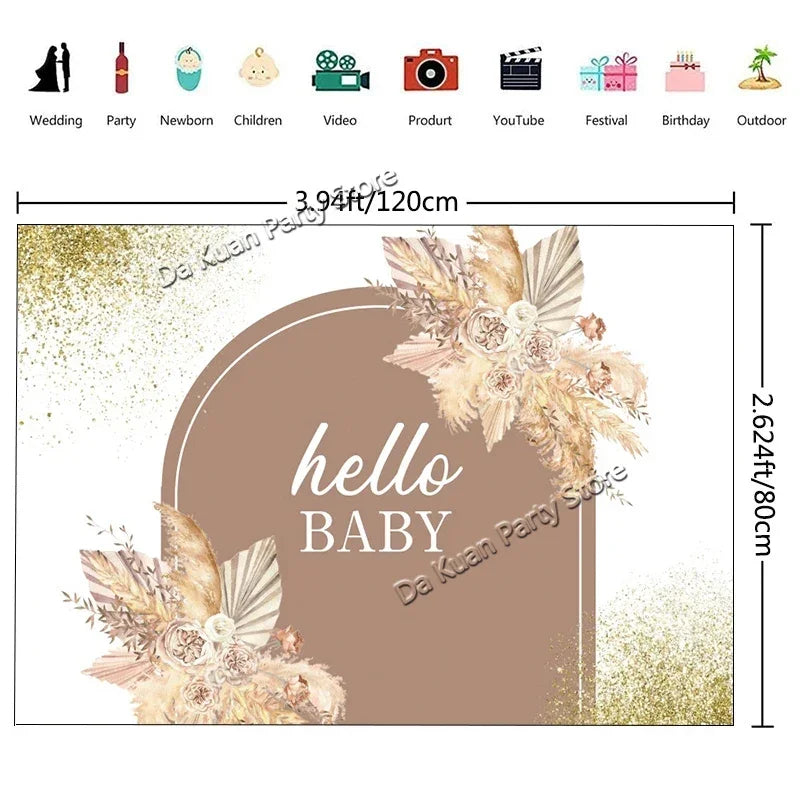 A beige and gold banner featuring a silhouette of a baby and floral elements for a gender reveal or baby shower.