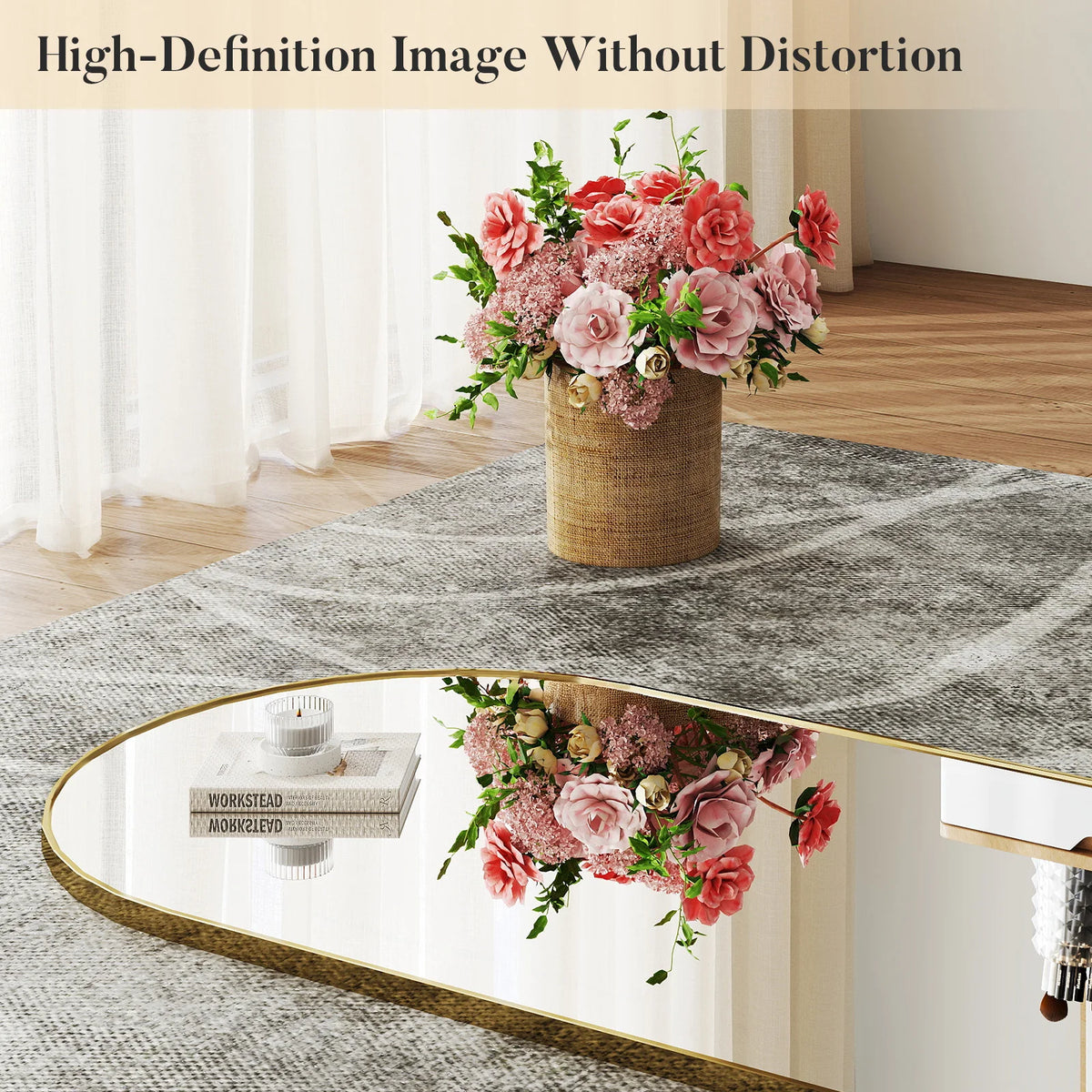 A full length body mirror with an aluminum frame reflecting a floral arrangement.