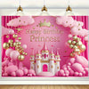 Pink princess castle photo backdrop for birthday parties featuring a castle, balloons, and clouds