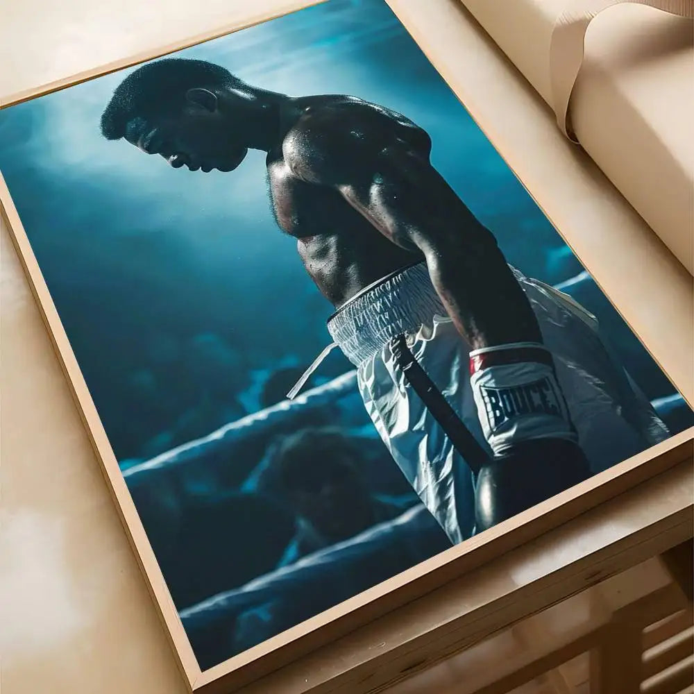 A dramatic photo of a muscular man in boxing attire looking down, framed in a canvas print.